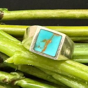 Vintage Sterling Silver Turquoise Inlay Signet Ring Size 7